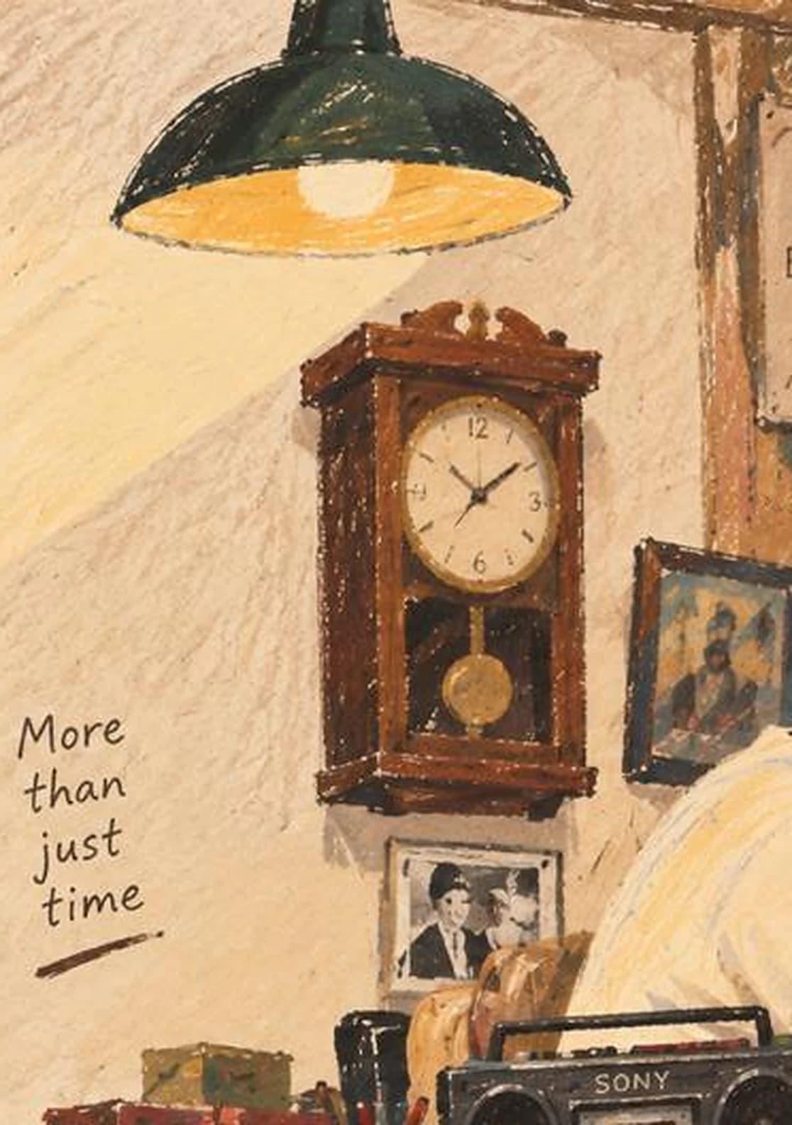 A wooden pendulum wall clock hanging under a lamp in the shop
